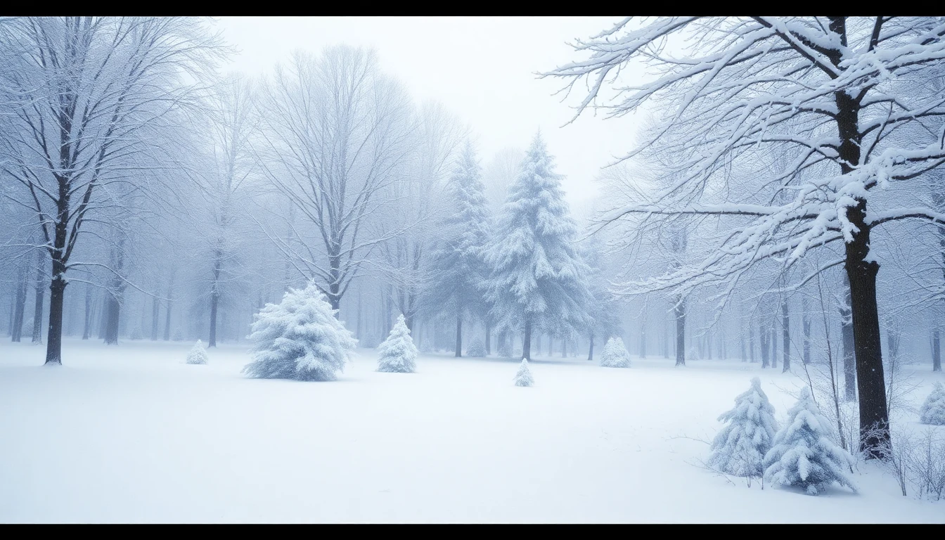 Snow falling on winter landscape